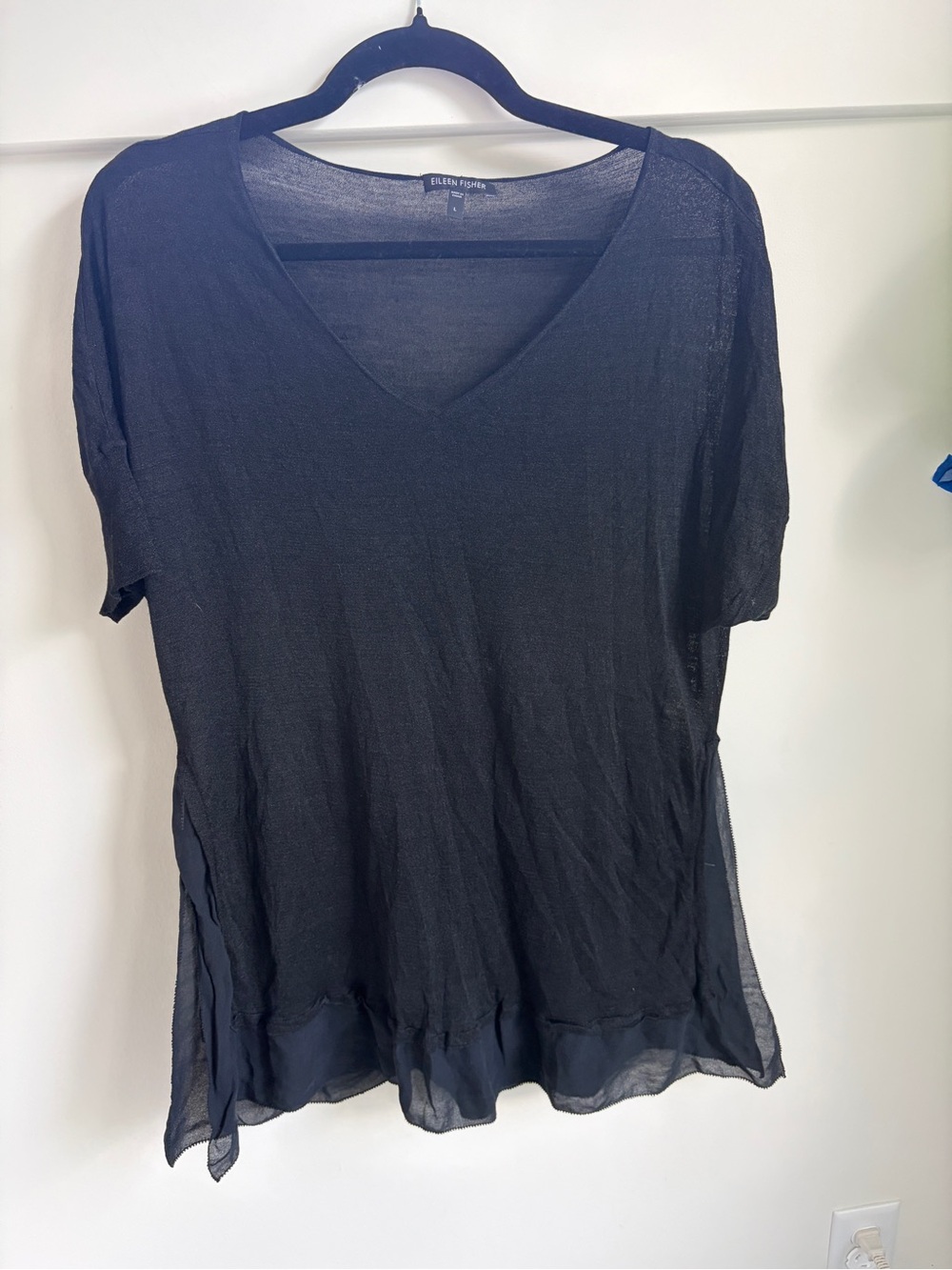 Eileen Fisher Black V-Neck Short Sleeve Sheer Layered Top 100% Silk - L